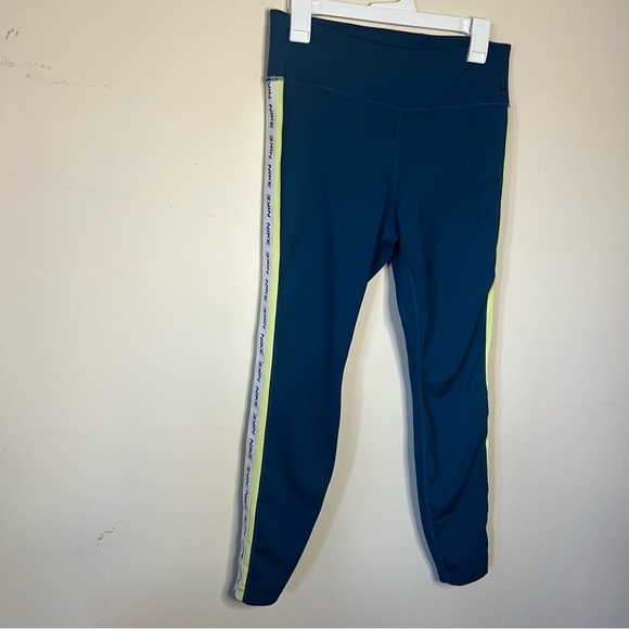 Nike Dri Fit Leggings Teal Striped White Neon Yellow Logo On Leg Size Large - Picture 9 of 15